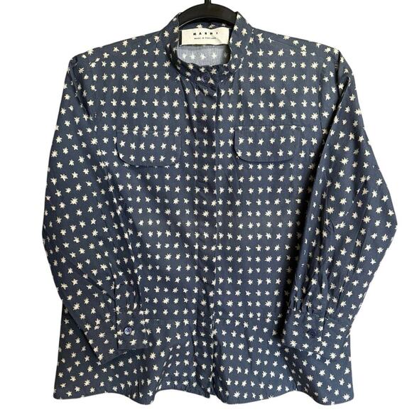 Marni Women’s Star Print Button Down Shirt Vintage Navy Cream Size IT 40 US 4 - Picture 2 of 13